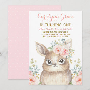 Blommigt Woodland Bunny Rabbit 1:a födelsedag Inbjudningar