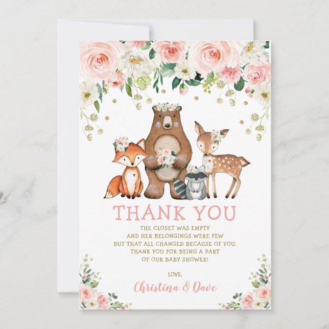  Blommigt Woodland Forest Animals Baby Shower Tack Kort (Framsida)