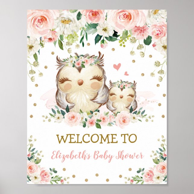  Blommigt Woodland Uggla Baby Shower Birthday Poster (Framsidan)