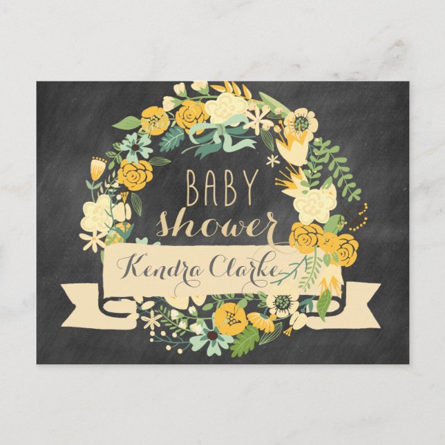 BLOMMIGT WREATH CHALKBOARD | BABY SHOWER-ANBUDSINF INBJUDAN VYKORT (Framsida)