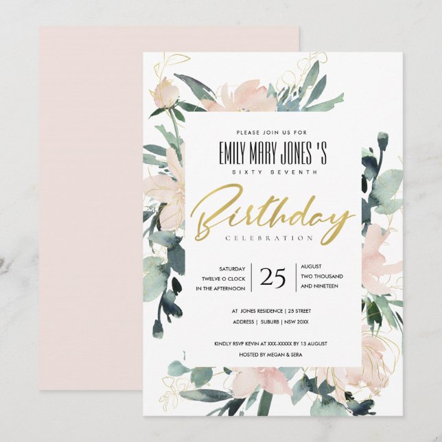  BLOMMIGT WREATH WATERCOLOR ALLA ÅLDER BIRTHDAY INBJUDNINGAR (Fram/baksida)