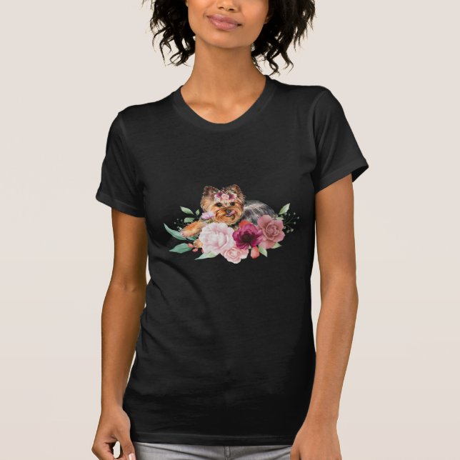 Blommigt Yorkshire Terrier T Shirt (Framsida)