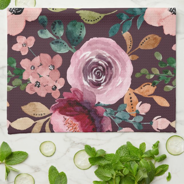 Blommigt Yta Mönster-Mode vattenfärgsfärgad Kökshandduk (Vikta)
