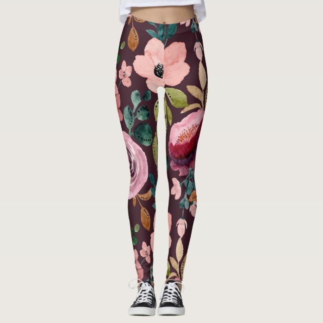 Blommigt Yta Mönster-Mode vattenfärgsfärgad Leggings (Framsida)