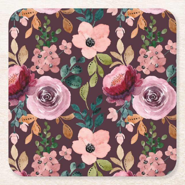 Blommigt Yta Mönster-Mode vattenfärgsfärgad Underlägg Papper Kvadrat (Framsidan)