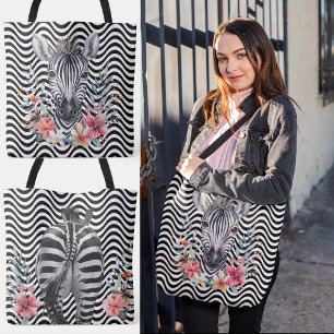 Blommigt Zebra Ansikte Butt Black White Vågigt Ran Tygkasse