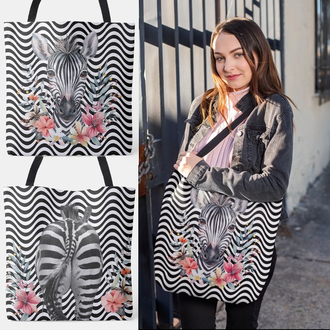 Blommigt Zebra Ansikte Butt Black White Vågigt Ran Tygkasse (Floral Zebra Face Butt Black White Wavy Stripes Tote Bag Front and Back, large bag, shopping bag,)