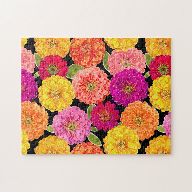Blommigt Zinnia Summer Flowers Coral Lila Gult Pussel (Horisontell)