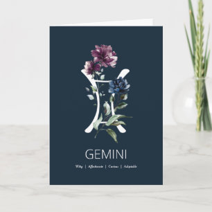 Blommigt Zodiac Stjärntecken Gemini Birthday Card Kort