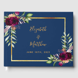 Blommigtar av marinblå burgundi, grönt guld bröllo gästböcker