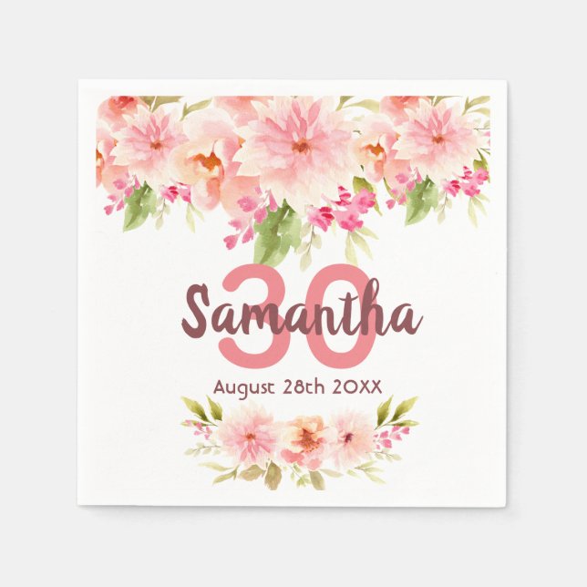 Blommigtar av  rosa, vita monogram pappersservett (Framsidan)