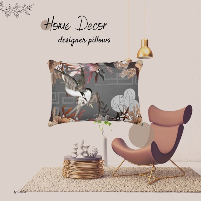 Blommigtar, fåglar, skiffer-Grått-bakgrund Prydnadskudde (Skapare uppladdad)