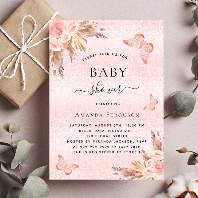  blommigtar för babyduschfjärilspampas inbjudan vykort (Skapare uppladdad)