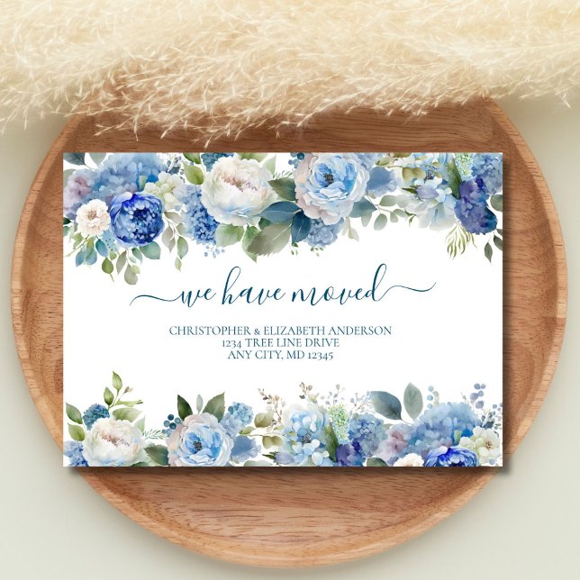 Blommigtar för blå vattenfärg Flytta Nytt hem Meddelande (Blue White Watercolor Peonies Florals Moving New Home Announcement Card )