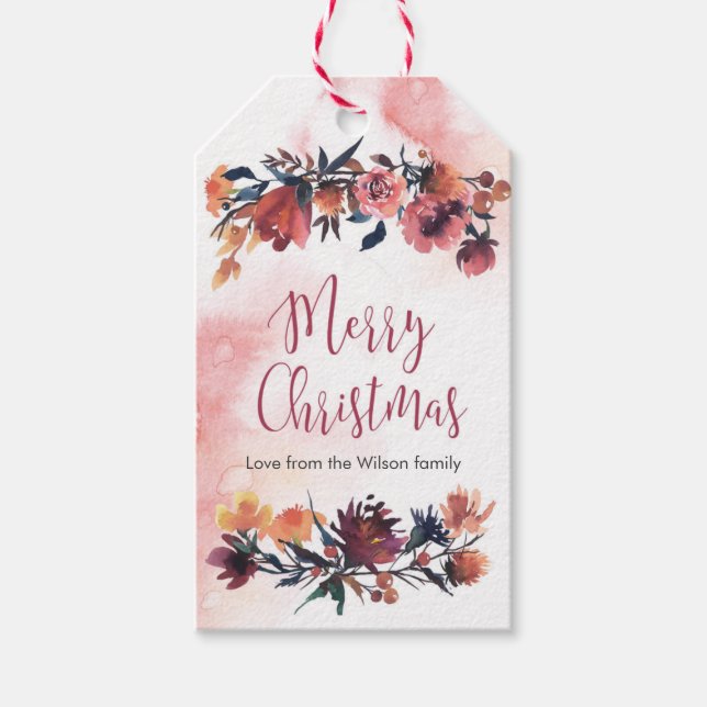 blommigtar för burgundöd juletiketter under vinter presentetikett (Framsidan)