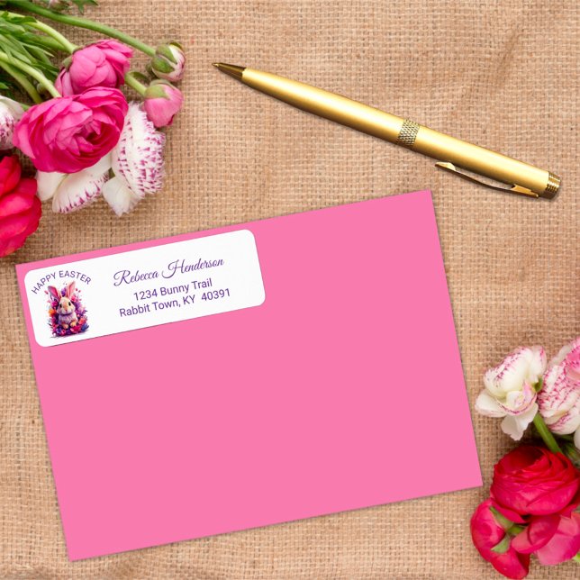 Blommigtar för färglöst pastellPåskhare och vatten Returadress Etikett (Skapare uppladdad)