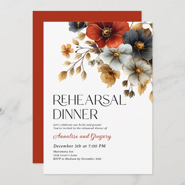Blommigtar för färgsfyllning, repetitionsmiddag inbjudningar (Fram/baksida)