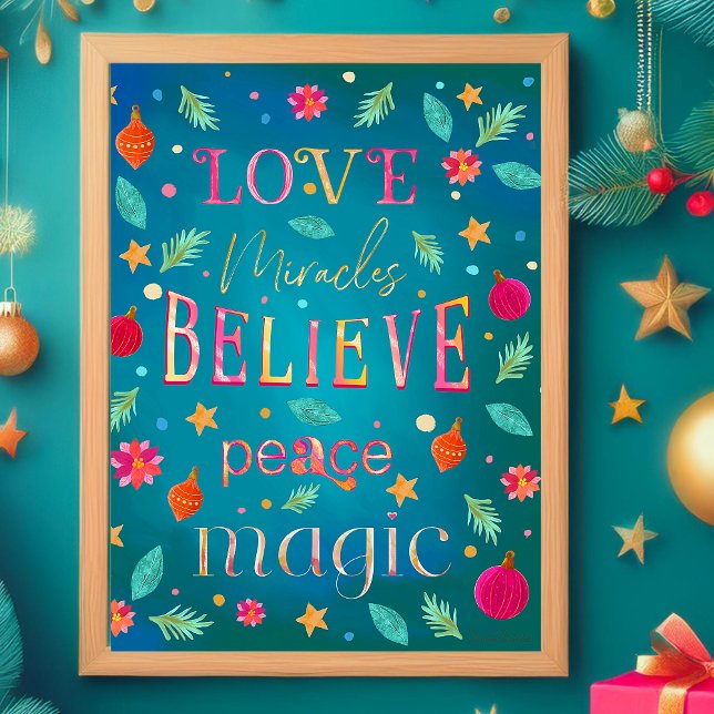 Blommigtar för färgstark Rosa, inspirationstypogra Poster (Festive colorful Christmas hand painted letter details. Love, Miracles, Believe, Peace and Magic.)