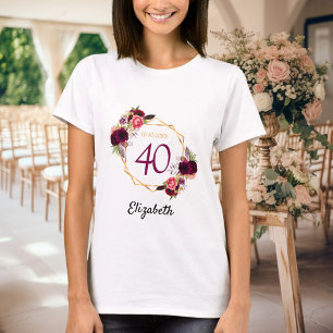 Blommigtar för födelsedagstäckande guld burgundy t shirt