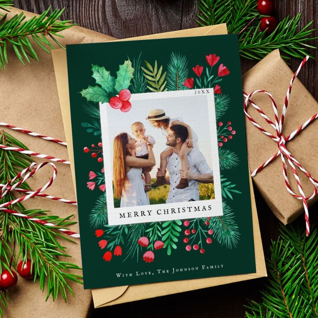 Blommigtar för foto-handmålade vattenfärgsfärger i julkort (Family Photo Christmas Card Watercolor Florals)