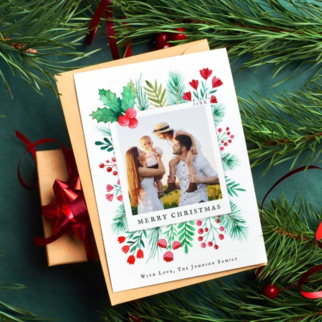 Blommigtar för foto-handmålade vattenfärgsfärger i julkort (Family Photo Christmas Card Watercolor Foliage)
