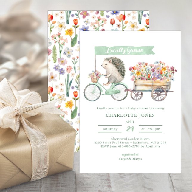 Blommigtar för Grönt av inbjudan till babyvy lokal (Whimsical Baby Shower Invite)