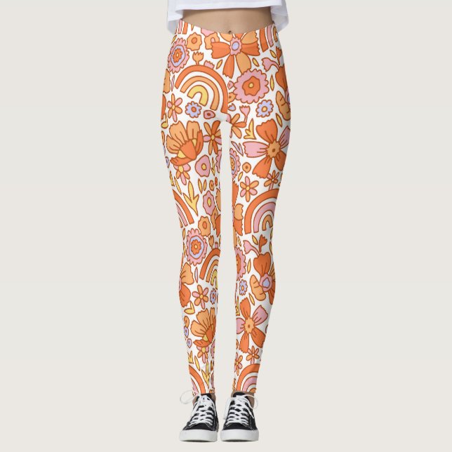 Blommigtar för Groovy Retro-Orange Leggings (Framsida)
