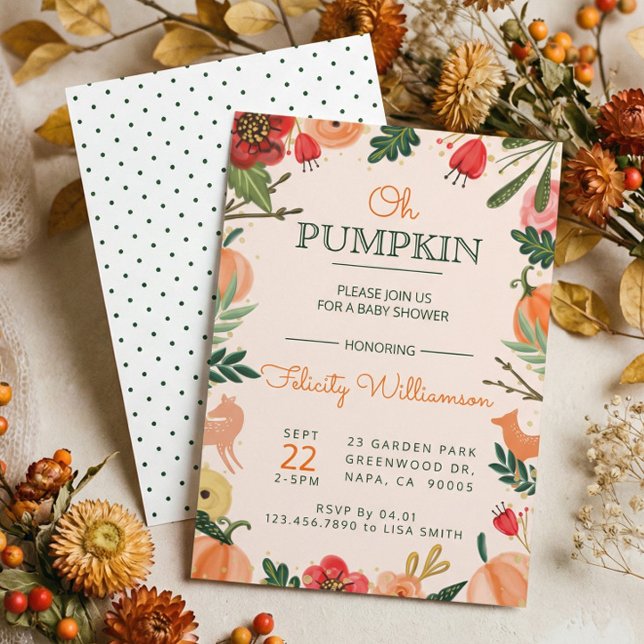 Blommigtar för höst och utfyllnadspumpning för bab inbjudningar (Cute Fall Autumn Floral Pumpkin Patch Baby Shower Invitation)
