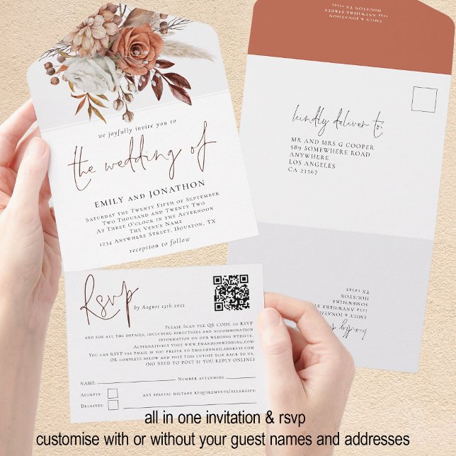 Blommigtar för  höst QR-kodskript Bröllop (All in one invitaion and rsvp - customise with or without your individual guest names and addresses)
