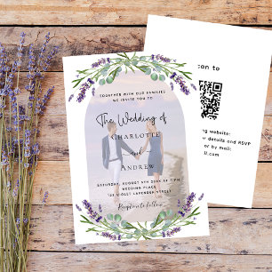 Blommigtar för Lavender Arch-foto QR OSA bröllop Inbjudningar