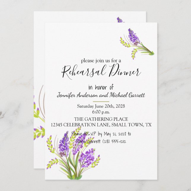 Blommigtar för mjuk vattenfärg Lavender och Grönt Inbjudningar (Fram/baksida)