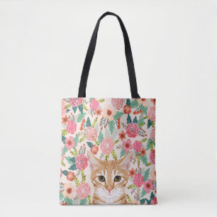 blommigtar för orange Tabby katt och vintage Tygkasse