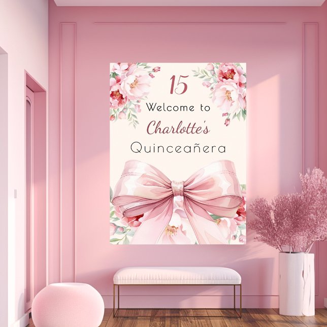 blommigtar för rosa av bockkräm Quinceanera-välkom Poster (Skapare uppladdad)