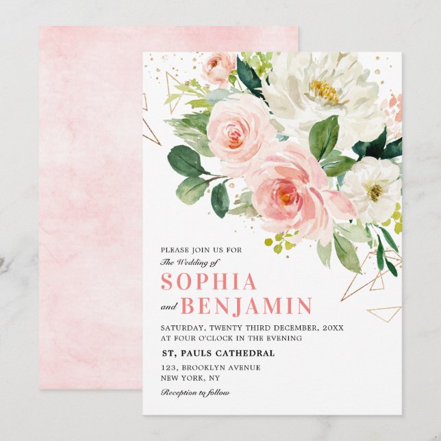 Blommigtar för  Rosa Modern Guld Geometric Bröllop Inbjudningar (Fram/baksida)