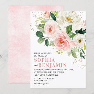 Blommigtar för Rosa Modern Guld Geometric Bröllop Inbjudningar