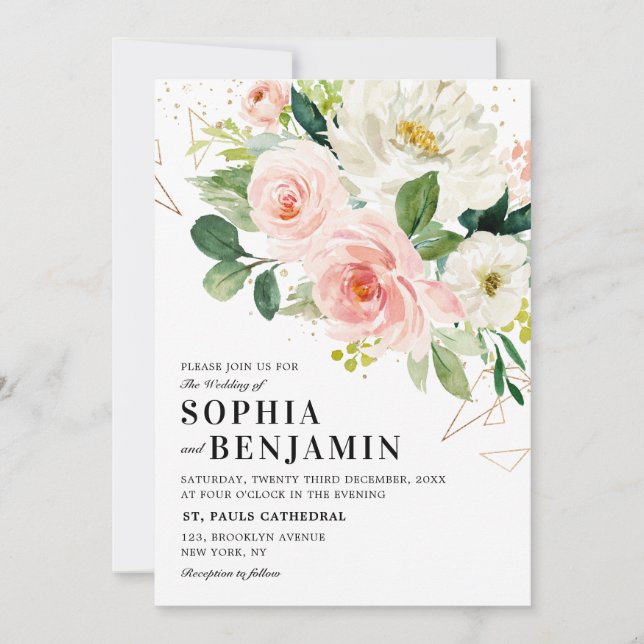 Blommigtar för  Rosa Modern Guld Geometric Bröllop Inbjudningar (Framsida)