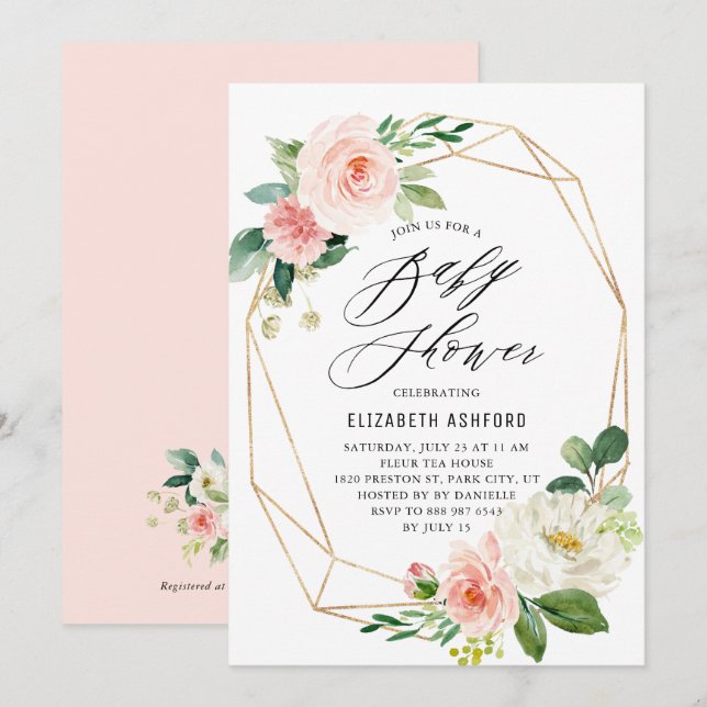 Blommigtar för Rosorna  för Geometric Guld Ram, ba Inbjudningar (Fram/baksida)