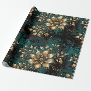 Blommigtar för Teal & Guld Grunge Presentpapper