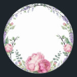 Blommigtar för vattenfärgning rosa lavender  pedal runt klistermärke<br><div class="desc">En elegant- och vintage som innehåller eukalyptus,  lavender och rosa blommigtar som är målade i romantiska vattenfärger.</div>