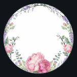 Blommigtar för vattenfärgning rosa lavender  pedal runt klistermärke<br><div class="desc">En elegant- och vintage som innehåller eukalyptus,  lavender och rosa blommigtar som är målade i romantiska vattenfärger.</div>