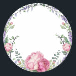 Blommigtar för vattenfärgning rosa lavender  pedal runt klistermärke<br><div class="desc">En elegant- och vintage som innehåller eukalyptus,  lavender och rosa blommigtar som är målade i romantiska vattenfärger.</div>