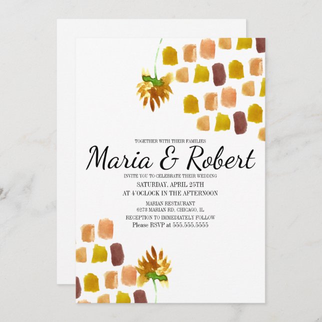 Blommigtar för vattenfärgsfärg i vår Gult Painterl Inbjudningar (Fram/baksida)