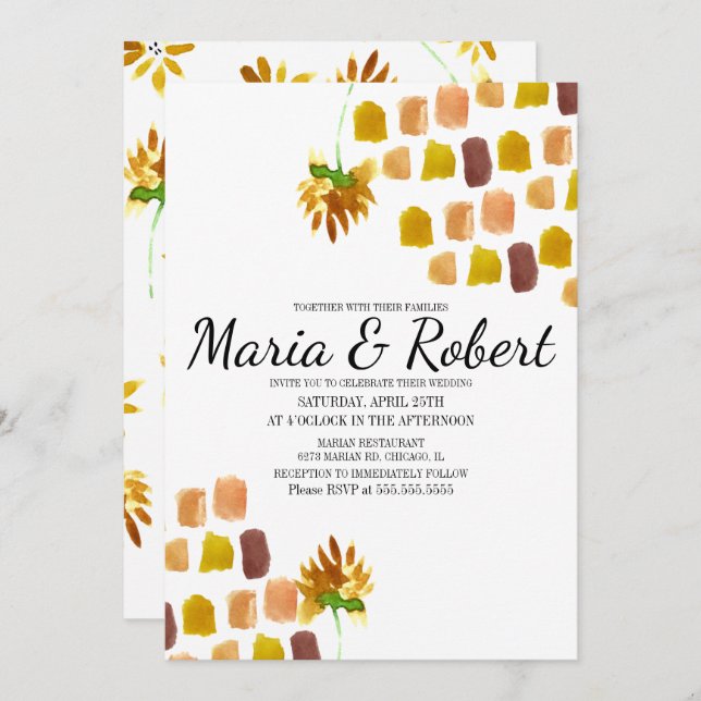Blommigtar för vattenfärgsfärg i vår Gult Painterl Inbjudningar (Fram/baksida)