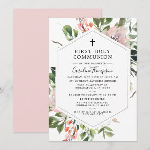 Blommigtar Greenery Watercolor First Communion Inbjudningar