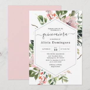 Blommigtar & Greenery Watercolor Quinceañera Inbjudningar