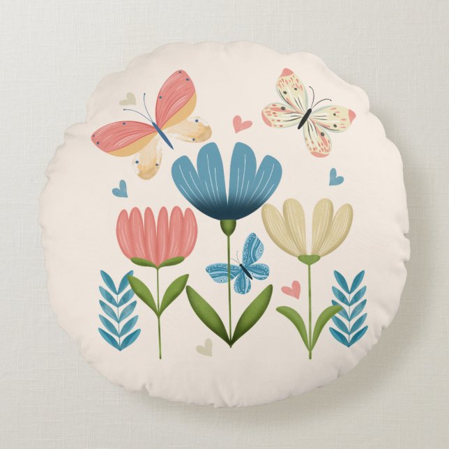 Blommigtar i blått och Orange Rund Kudde (Framsidan)