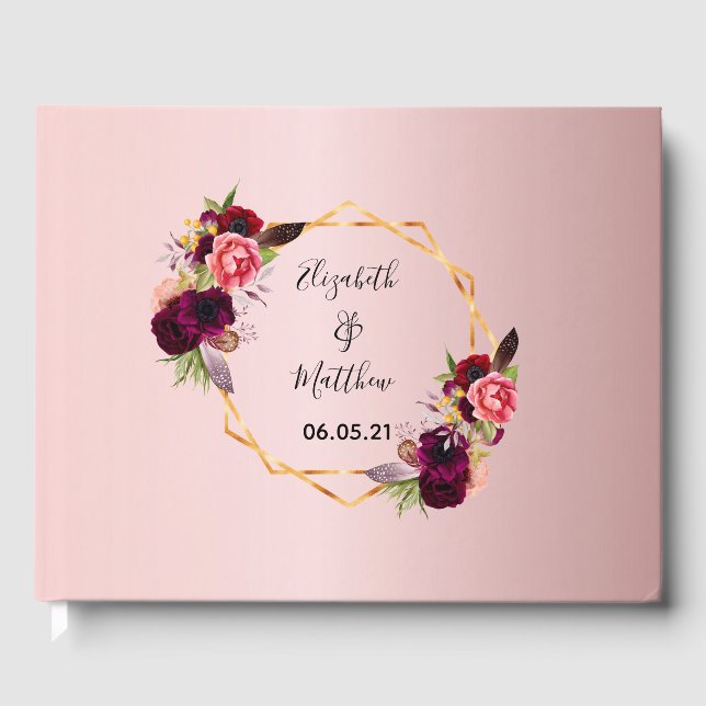 blommigtar i bröllop burguny  rosa guld geometrisk gästböcker (Framsida)