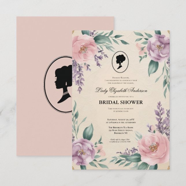 blommigtar i kristid Bridgerton Möhippa Invit Inbjudningar (Fram/baksida)