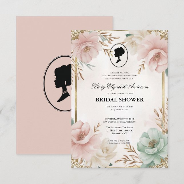 blommigtar i kristid Bridgerton Möhippa Invit Inbjudningar (Fram/baksida)