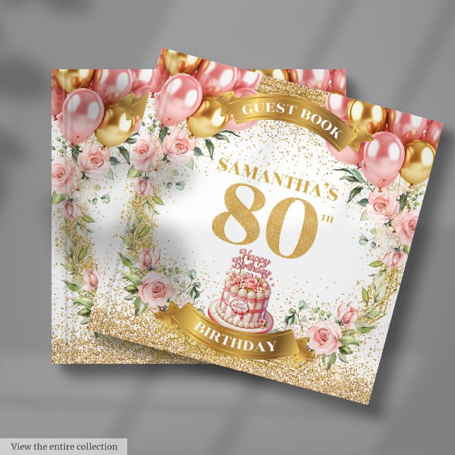 Blommigtar i Luxe vid 80:e födelsedagen Guest Bok  (Luxe 80th Birthday Guest Book Pink Gold Florals)
